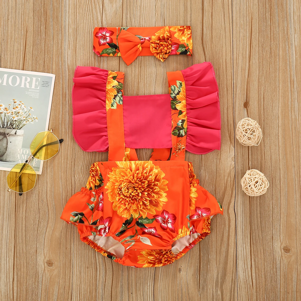 

Newborn Baby Girl Sleeveless Romper flower printed romper Jumpsuit+Headband Outfit Set