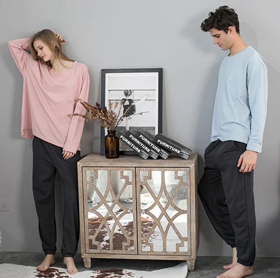 

2022 Custom private label bamboo plus size men's women's sleepwear pyjamas set long sleeve t shirt + loose pansts