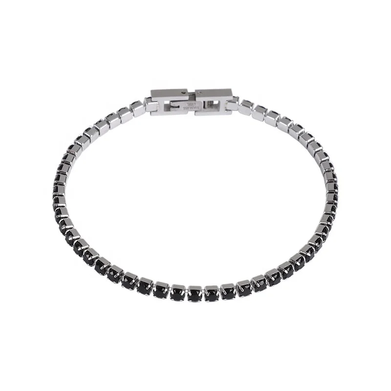 

Wholesale Women Jewelry 18K Gold Plated Stainless Steel Baguette Black Zircon Diamond Tennis Bracelet