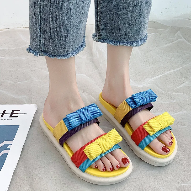 

Thick Soles Butterfly Knot Flat Slippers Women Girls Beach Trendy Wholesale Summer Sandals, 5 colors