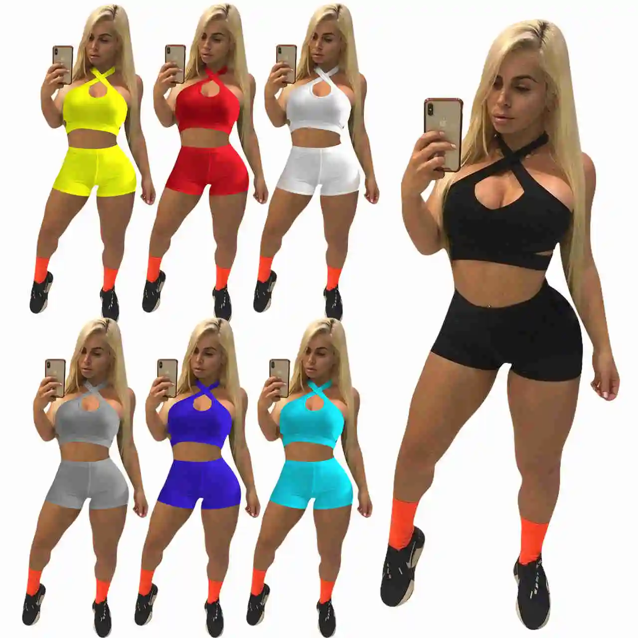 

Sport gym set women 2021 stylish solid color hang neck tops and shorts two piece gym fitness sets, 7 colors and also can make as your request