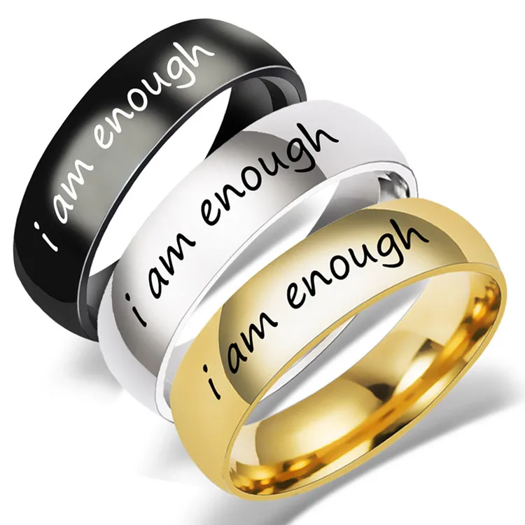 

Fashion men's and women's stainless steel rings 6MM i am enough curved simple lettering jewelry ring, Gold and silver black