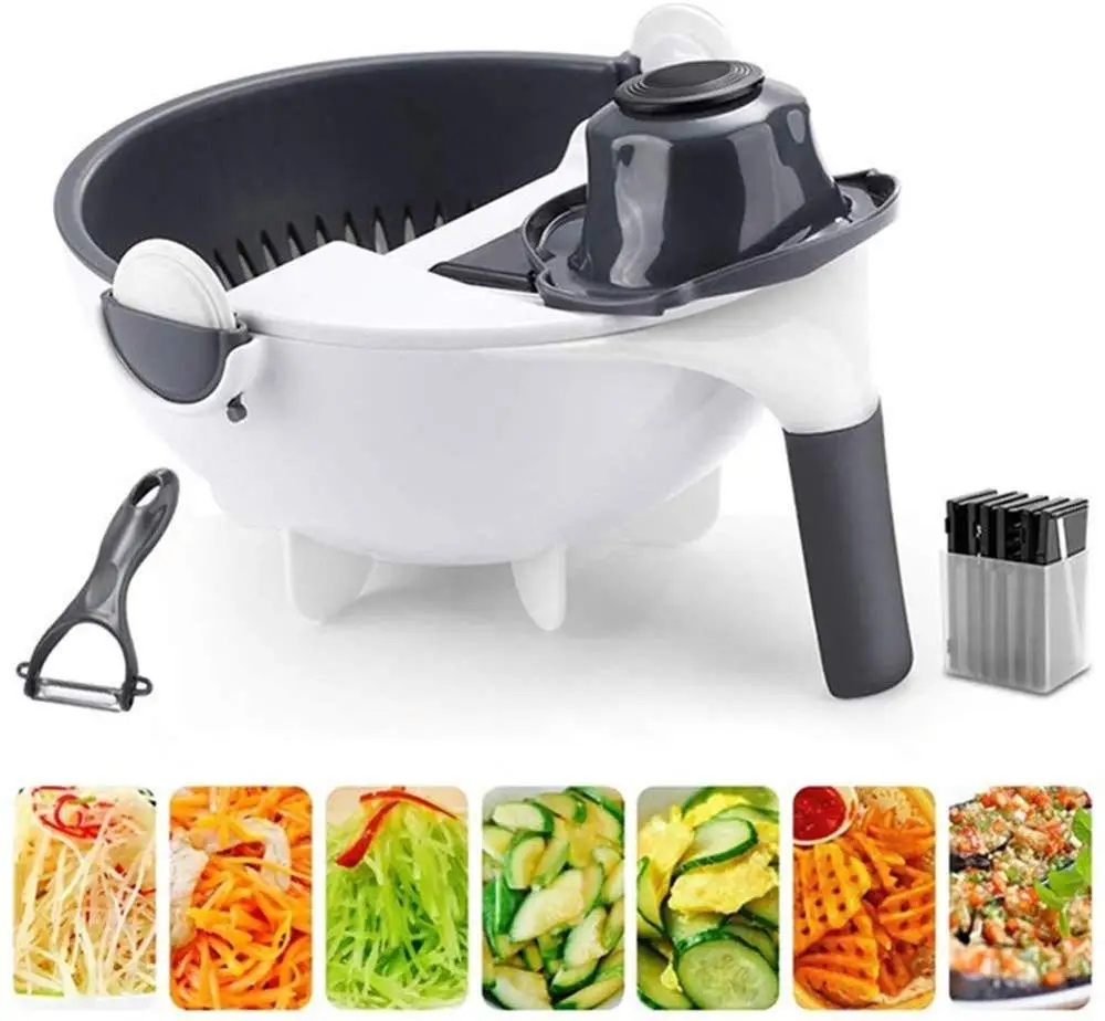 

Amazon 9 in 1 Multifunction Vegetable Cutter with Drain Basket Magic Rotate Vegetable Slicer Portable Chopper Grater, White + gray