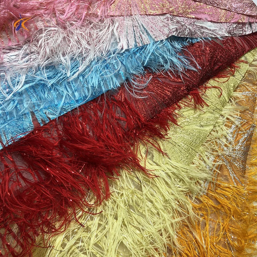 

High quality sequin fabric for party wedding african 3d embroidered lace bright silk feathers jacquard fabric, Customized color