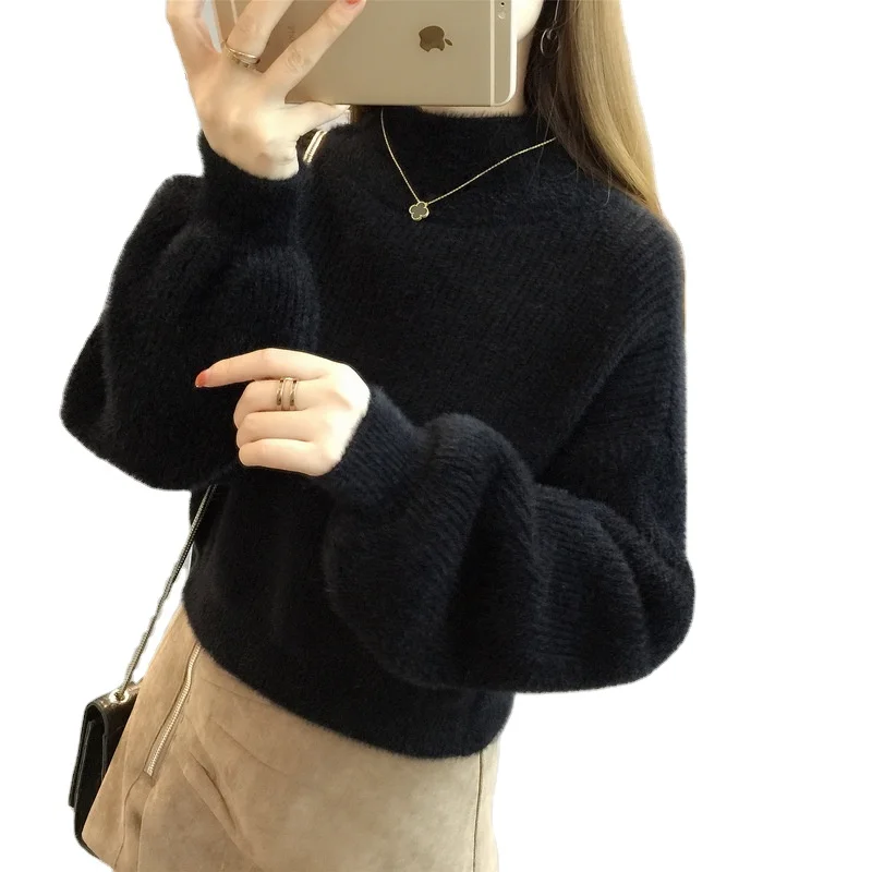 

New arrival western style high neck batwing sleeve mohair thick women sweater