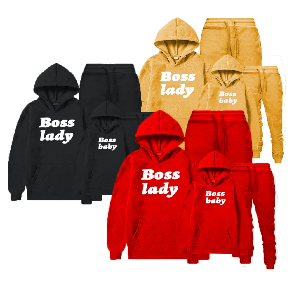 

Custom Logo Mommy and Me Outfits Kids Clothing Sets Boss Baby Jogger Tracksuit Hoodies Unisex, Request