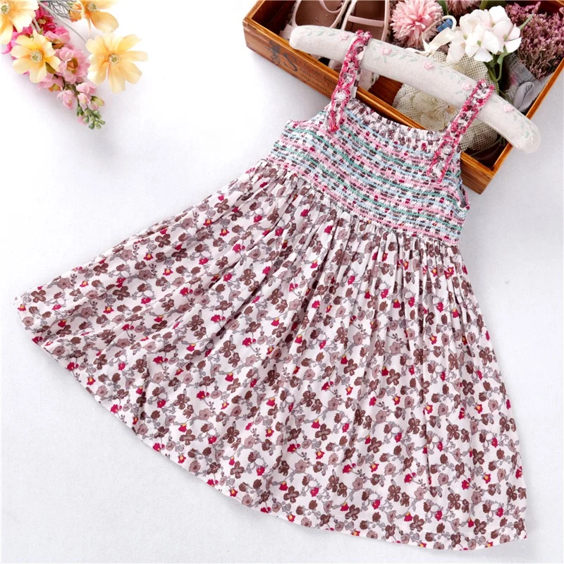 

B022643 kids clothing girl dress smocked beach floral flower pink summer children clothes wholesale cotton