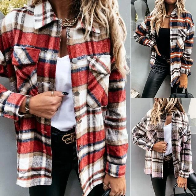 

OPMH-1622 New arrival casual trending plaid shirt pockets warm autumn winter womens fashion coats