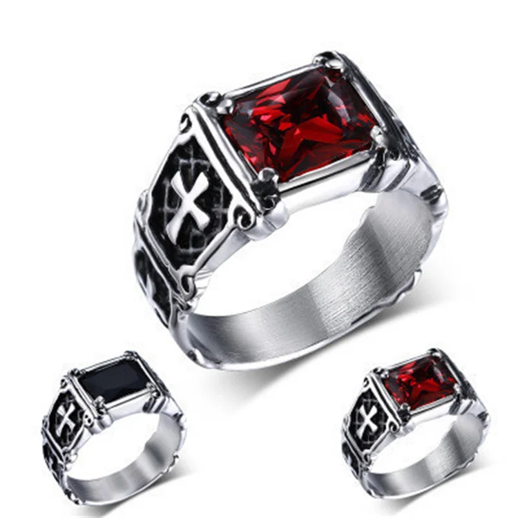 

Punk style fashion crystal red ruby stone stainless steel ring jewelry for men