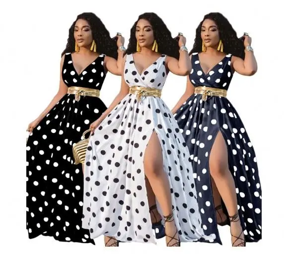 

Fashion casual womans ladies female summer Polka dot printed sexy v neck split maxi long dresses for beach new arrivals 2021