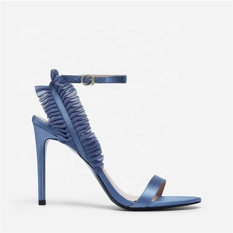 

2020 summer new arrival heeled high-heeled shoes women's buckle strap blue lace small fresh flowers satin women's sandal, Black/blue/white/apricot/yellow