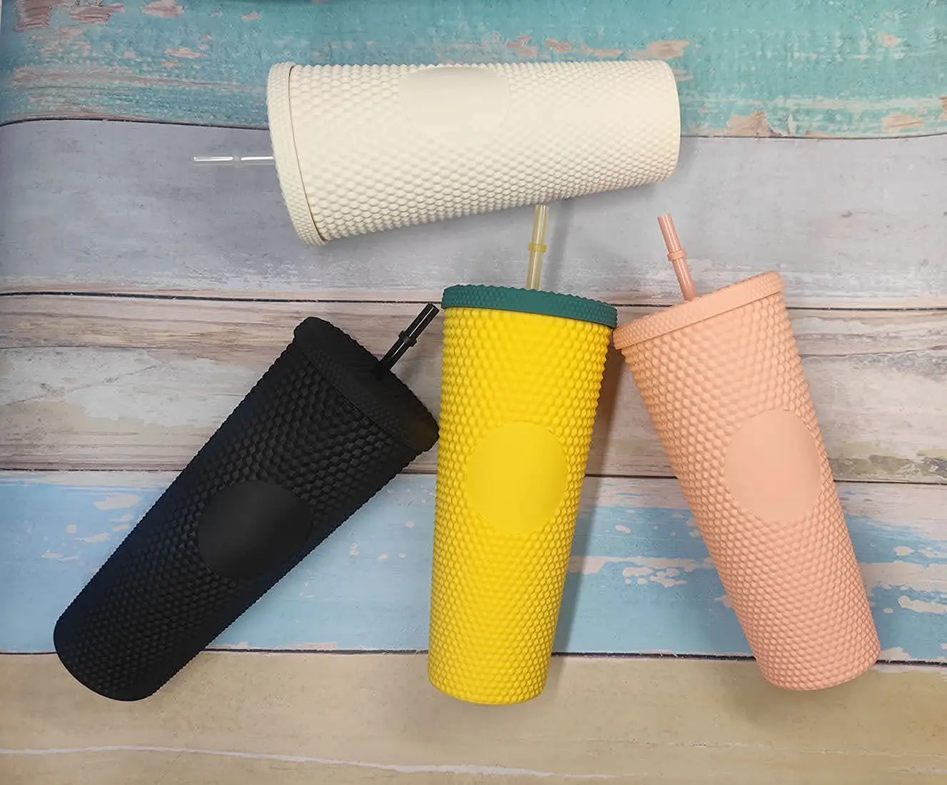 

Reusable cold color royal blue plastic double wall white 24oz pink cups 2021 matte black lid studded tumbler with straw, Various