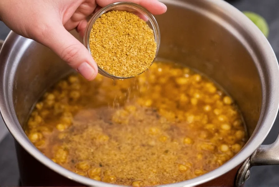 Asafoetida being added to a pot of simmering lentils showing the cooking process and transformation of the spice
