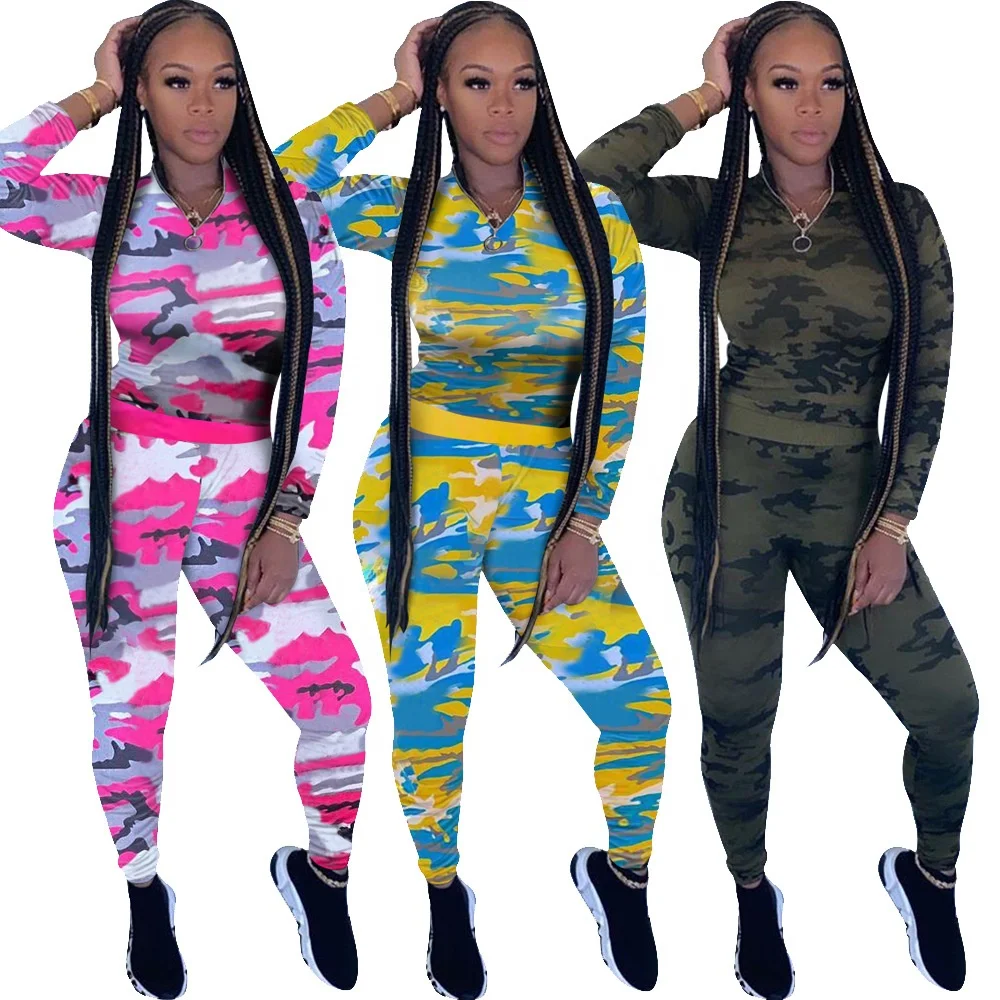 

Sexy Women'S Long Sleeve Tight Fitting Navy Camouflage Print Women'S Leisure Sports Suit Two Piece Set Women Clothing
