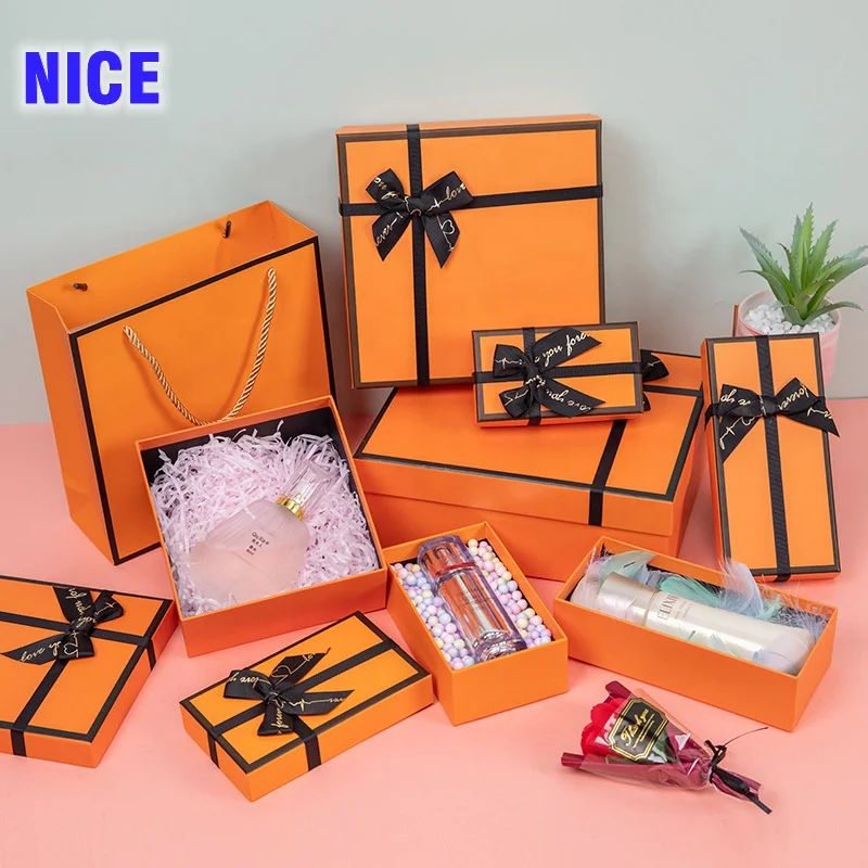 

wholesale Orange Luxury gift box Packaging cardboard lid and base box packaging luxury gift box