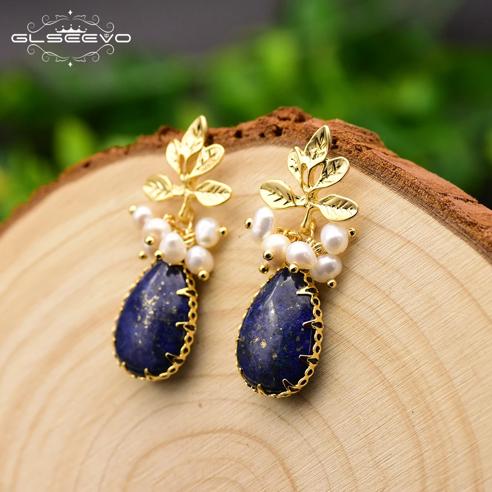 

Natural lapis lazuli drop earrings women's leaf drop earrings luxury handmade fine jewelry