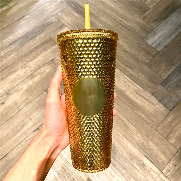 

710ml Matte Gold Durian Cup Drink Coffee Mug Reusable Plastic Grid Studded Tumbler with Straw, Plain color or custom gradient color