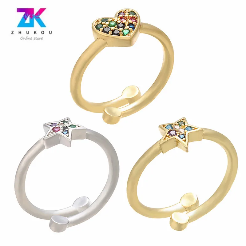 

Micro-Inlaid Colored Diamonds Plated Ring Women Star Heart Shaped Ring Opening Zirconium Adjustable Peach Heart Ring Jewelry, 3 colors optional women ring