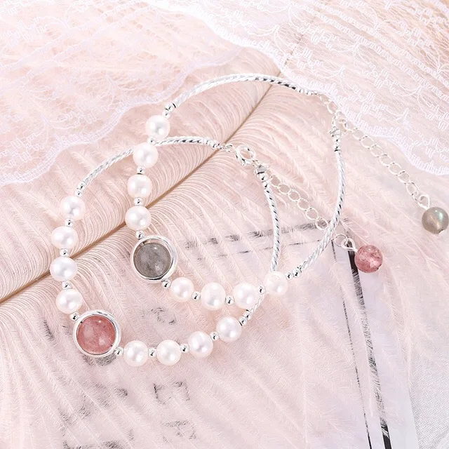 

Strawberry Crystal Gray Moonstone Charm Bracelet Bangle Women Adjustable Fresh Water Pearl Bracelet, As picture show