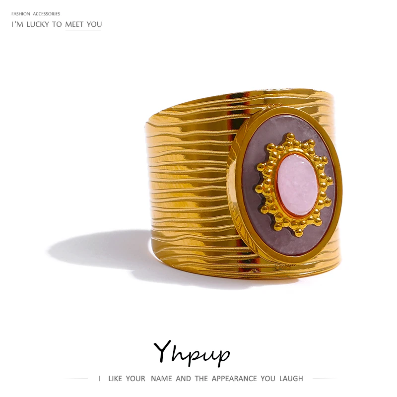 

Yhpup High Quality Metal 18K Gold Plated Geometric Opening Ring Stainless Steel Pink Crystal Ring