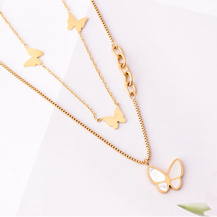 

NS1088 Dainty Chic High Quality Gold Plated Stainless Steel Shell butterfly Charm Chain Double Layer Necklace for Women Girls, Steel,rose gold