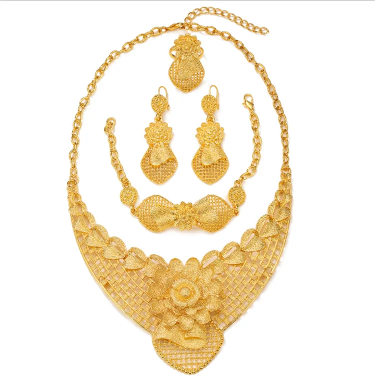 

Middle East Dubai style women's gold-plated necklace, earrings, ring, bracelet, four-piece wedding jewelry set