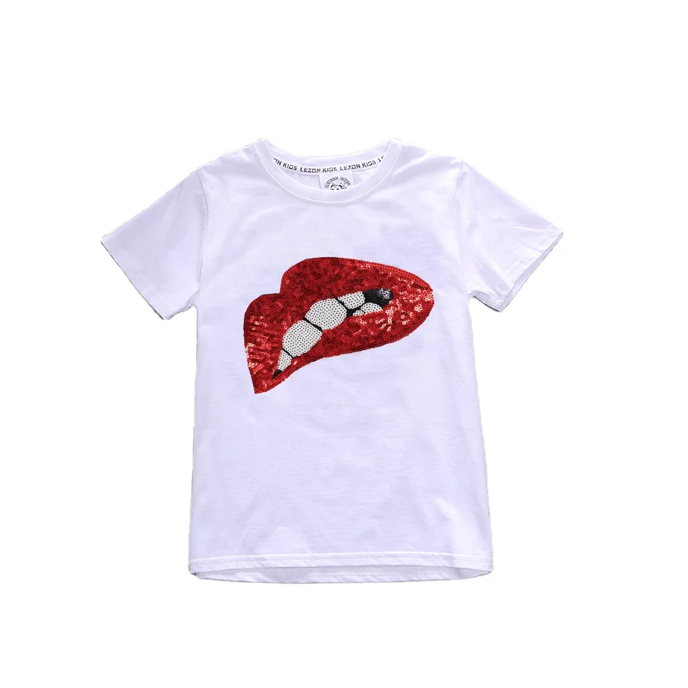 

Wholesale Girls Lips Sequin Fancy Kids T-shirt in White