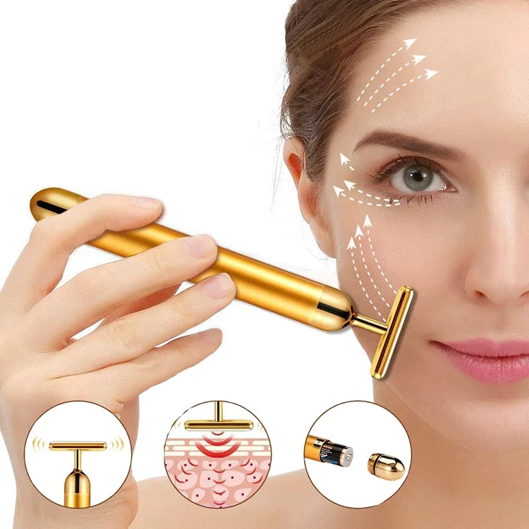 

2021 24k Gold Energy Beauty Bar Facial Massage Skin Lifting Care T Shape Vibrating Face Roller, Gold, silver, black, rose gold