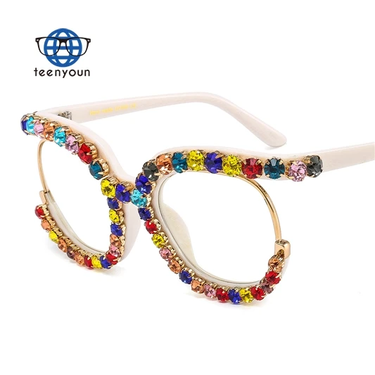 

Teenyoun Colorful Diamond Rhinestone Half Frame Handmade Oversized Bling Shades Eyes Glass For Women Sun Glasses Sunglasses