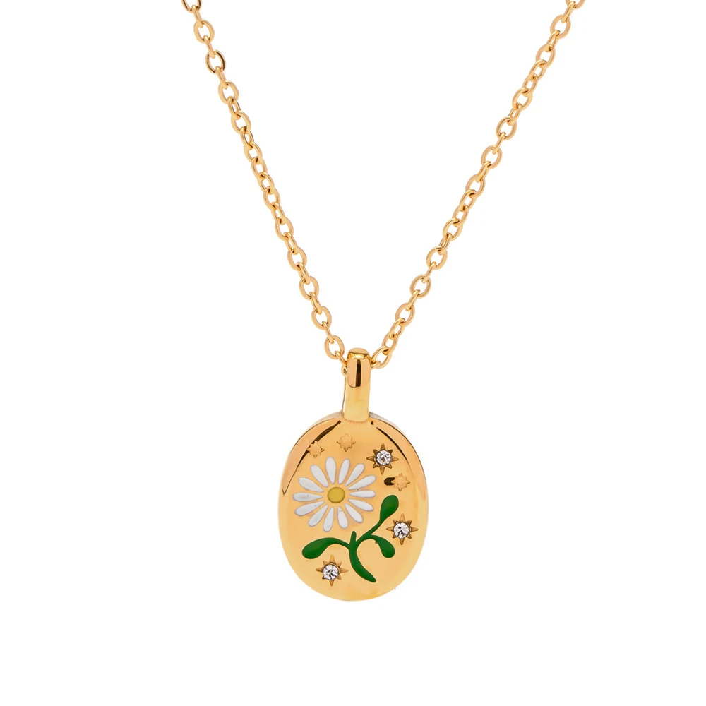 

18K Gold Plated Stainless Steel White Flower Zircon Inlaid Pendant Necklace Gold Chain Necklace