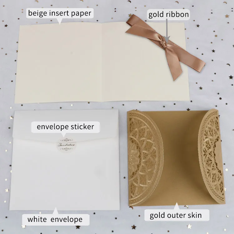 
Swan elegant laser cut sleeve gold wedding invitation Wholesale Handmade Silk ribbon Folio Wedding Invitation with envelope 