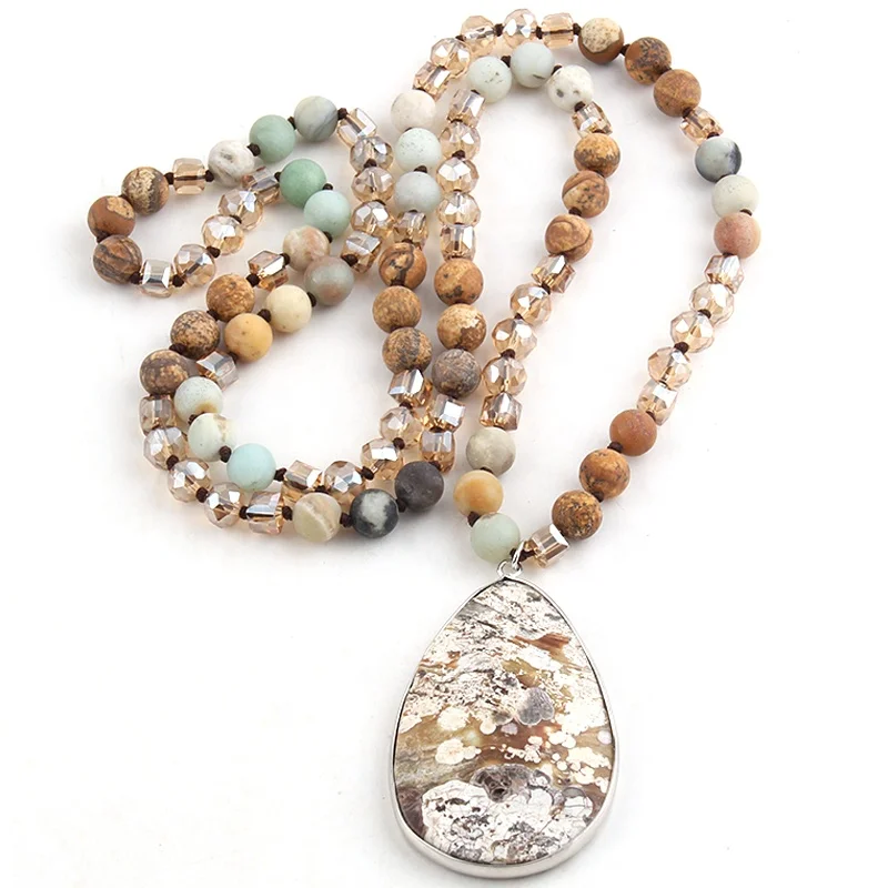 

Fashion Women Jewelry Bohemia Necklace Amazonite Pic Jasper Natural Stone Crystal Glass Brown Cut Drop Pendant Necklace