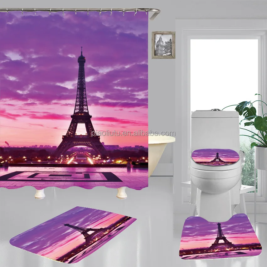 

European style 2024 Paris Eiffel Tower with flower 4 piece shower curtain set for bathroom Home decoration, Custom-made