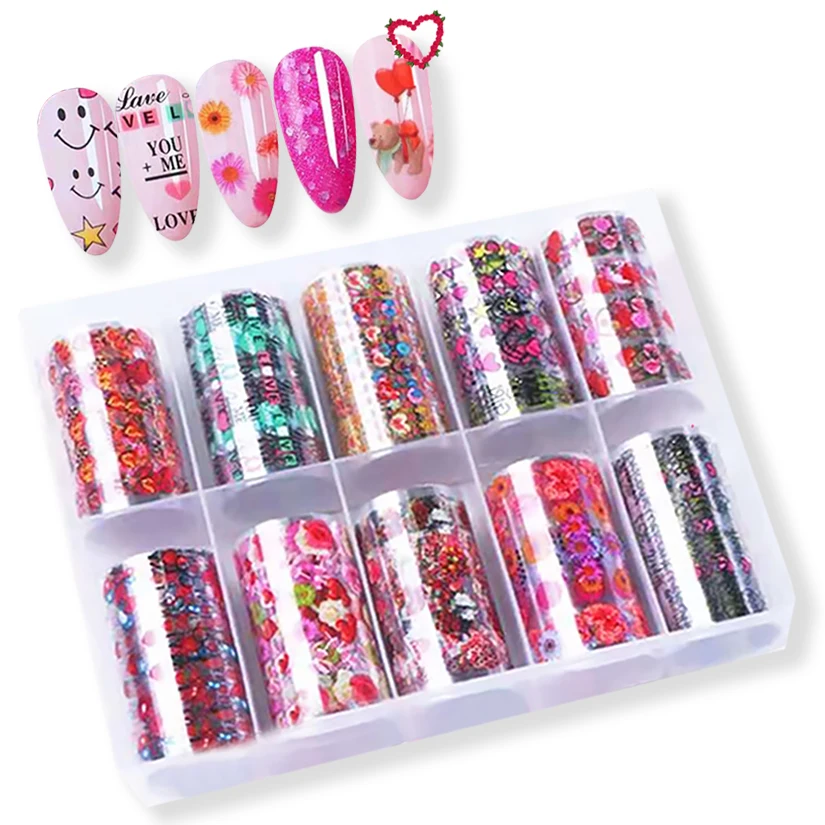 

Valentine's Day Nail Foil Set 10PCS/100X4cm Love Heart Little Bear Starry Paper Nail Transfer Foil Valentine Sticker