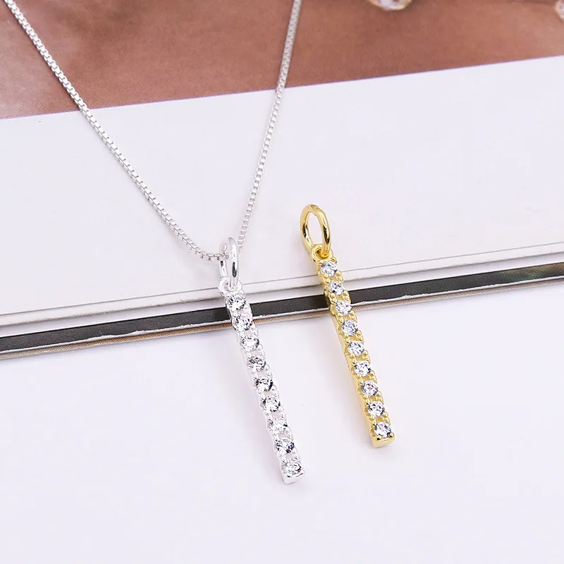 20mm Dainty S925 Sterling Silver Clear Zircon Long Bar Pendant Charm For Necklace Making Finding