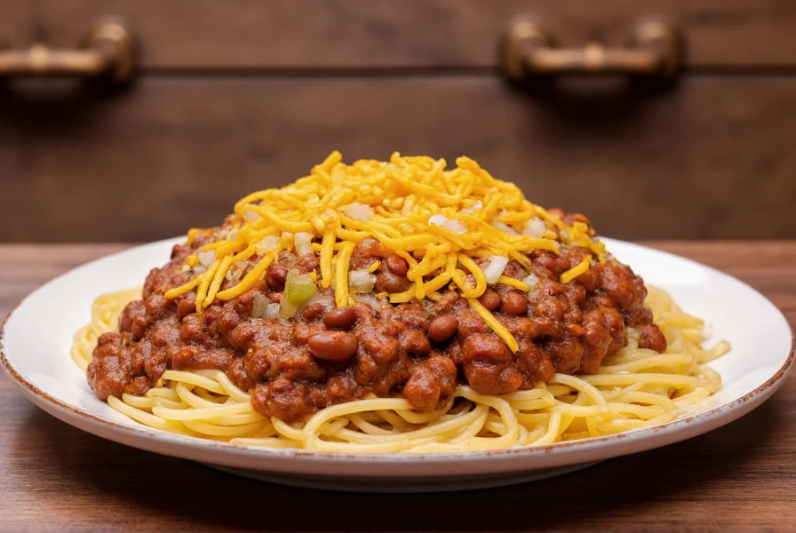 Authentic Cincinnati chili served over spaghetti with cheese, onions, and beans as toppings in a traditional restaurant setting