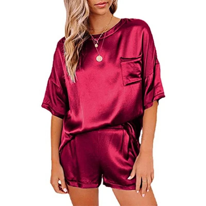 

Hot sale Pure color satin pajamas home service short-sleeved shorts irregular 2 piece pajama set for women