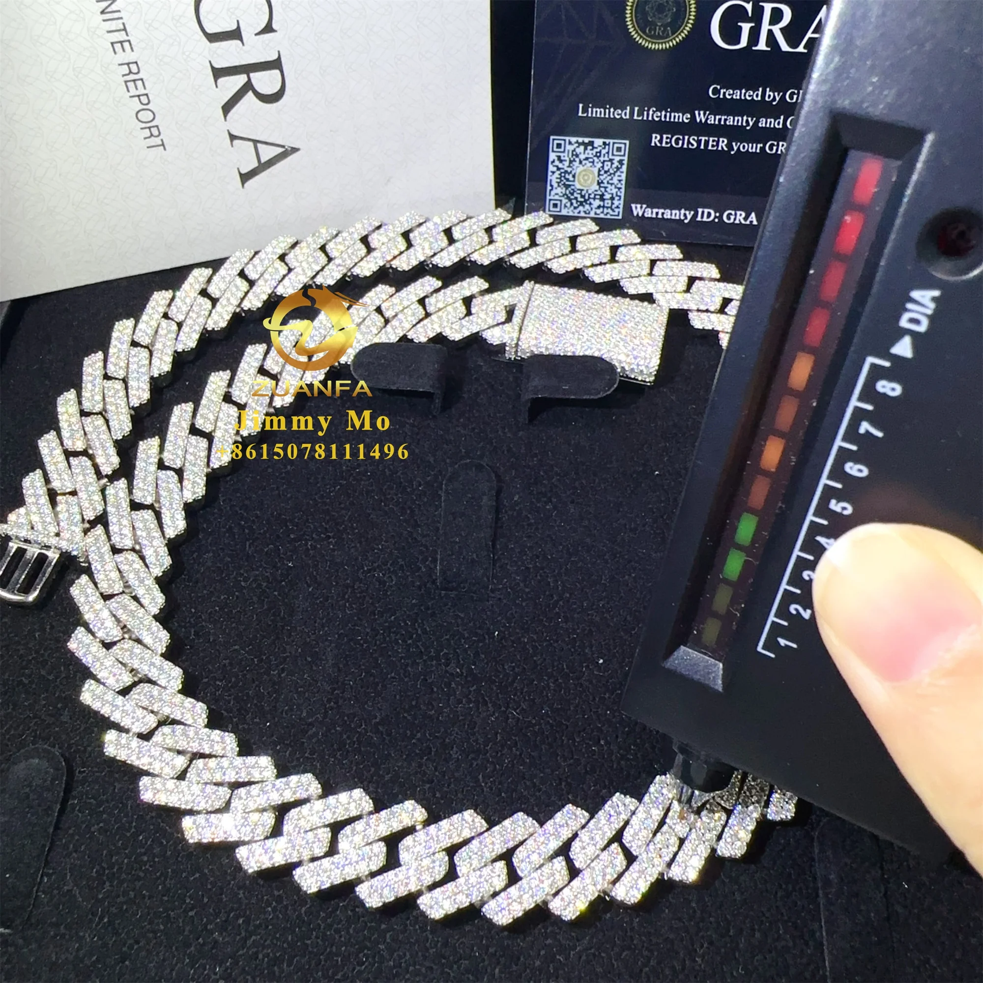 

Hot Selling Bulk Stock Pass Diamond Tester 925 Solid Silver 15mm Two Rows Iced Out Hip Hop VVS1 Moissanite Cuban Link Chain