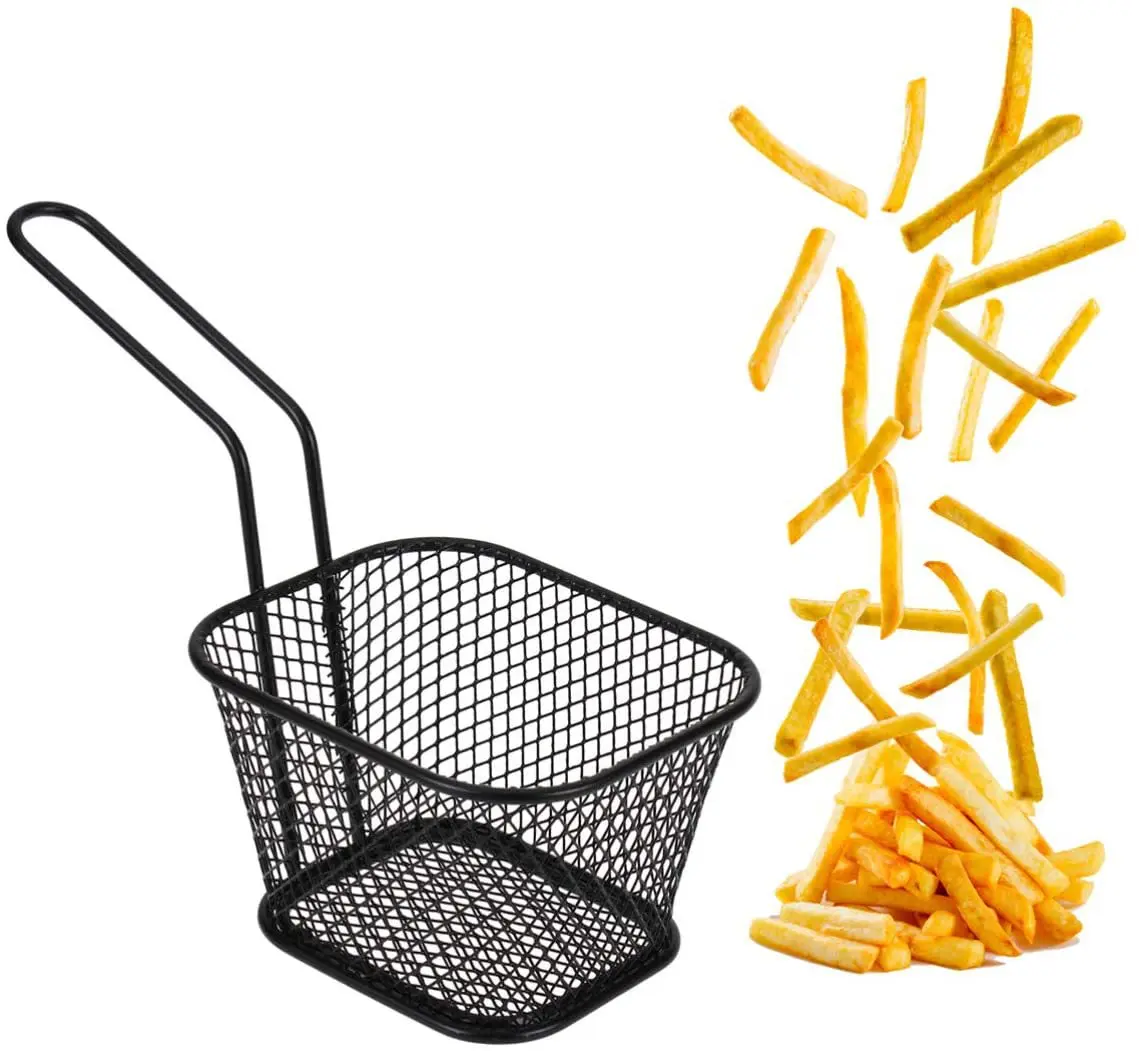 

New arrivals Metal wire Mini Fry Serving Basket for Deep Fat Fryer French Fries Holder with condiment stand Oil Filter, Customized color