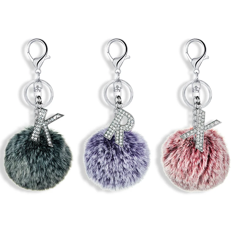 

English Alphabet Pendant Faux Ball Keychain Cute Pompom Bag Oranment Alloy Rhinestone Letter Key Ring Rabbit Fur Ball Keychain, 26 colors