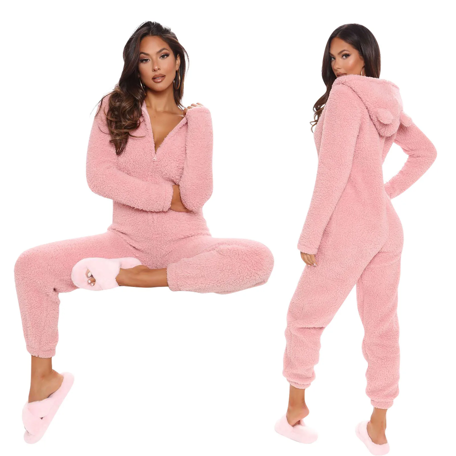 

Fashion womens pajamas plus size long sleeves zipper jumpsuit soild color hoodie sleepwear, 7 colors