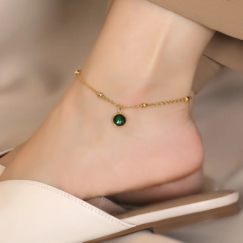 

Wholesale Waterproof Stainless Steel Jewelry Dainty 18k Gold Plated Bead Chain Link Green Zircon Stone Charm Anklets YF3063
