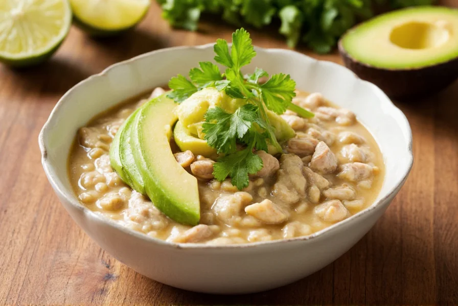 Finished bowl of creamy white chili with turkey topped with fresh cilantro, avocado slices, and lime wedges on a wooden table