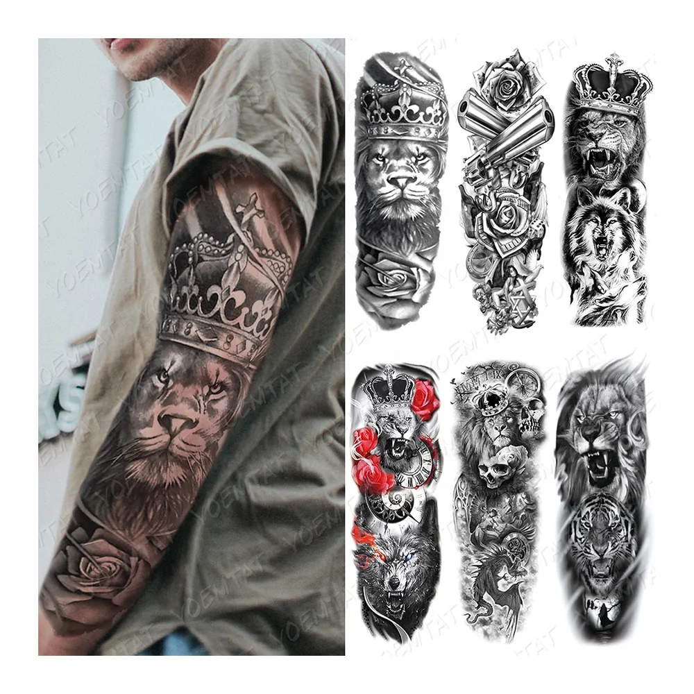 

Full Arm Pattern Factory Price Lion Rose Man Flash Tato Body Art Waterproof Temporary Tattoo Sticker Women, Cmyk