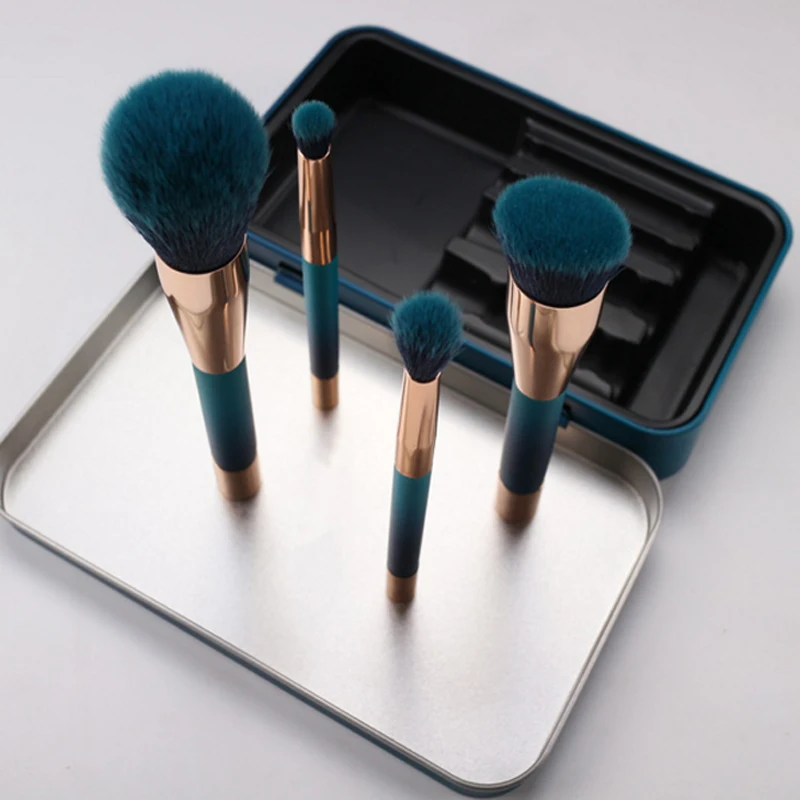 

Unique Beauty Cosmetics Professional Make Up Tools Portable Custom Logo 4 pcs Magnetic Metal Box Makeup Brush Set, Blue