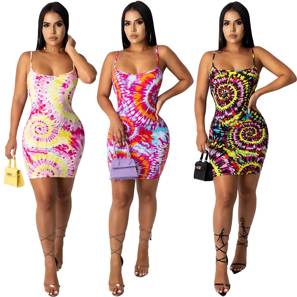 

2020 Wholesale Tie-Dye Colorful Print Hanging Loose Dress Clothing Manufacturers Womens Clothing, Pink, black, red