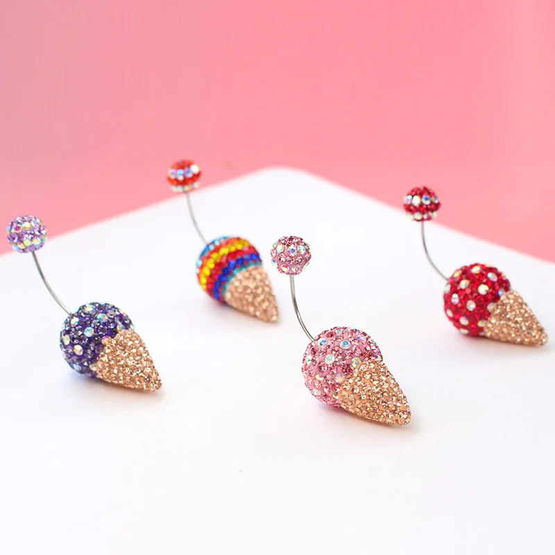 

HOVANCI 3 Summer jewelry ice cream shape multi color earring 316L steel full rhinestone belly ring for women