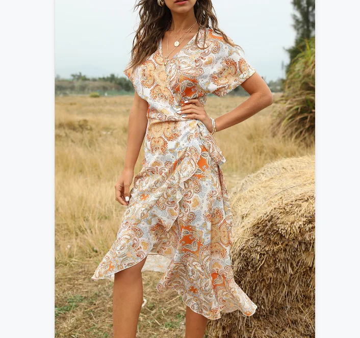 

2021 Summer new waist boho long dresses -neck lace-up women floral print midi dresses