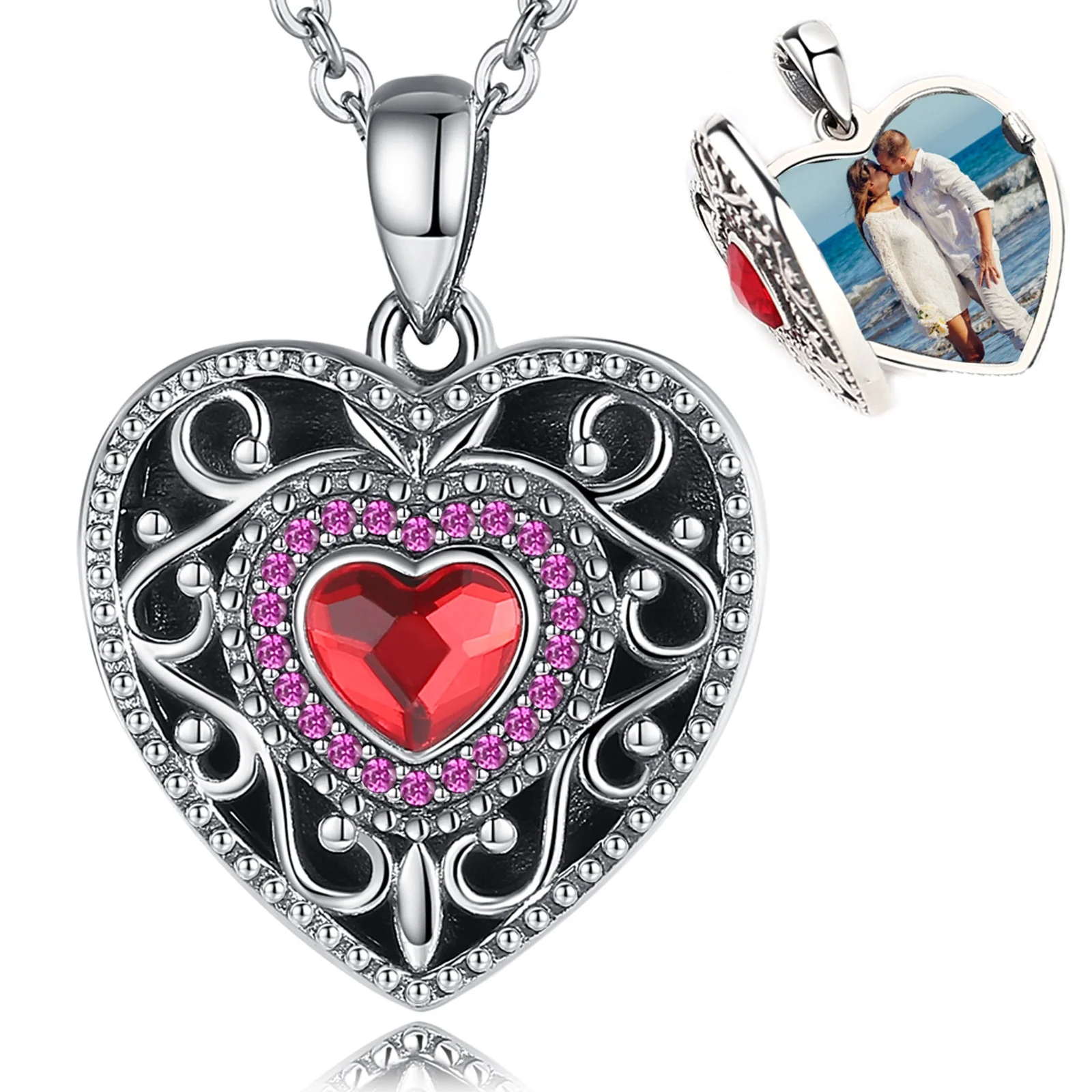 

Merryshine 925 Sterling Silver Picture Photo Heart Locket Necklace with Red Zircon