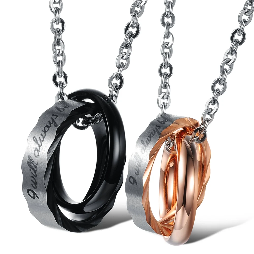 

Romantic Engraved Words Ring 316L Stainless Steel Couple Pendant Charm Necklace Jewelry, Rose gold, black